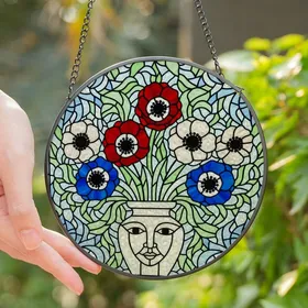 Art Lovers' Jewel-Toned Stained Glass Anemone Flower Bouquet Face Vase Mosaic Art Stained Glass Suncatcher