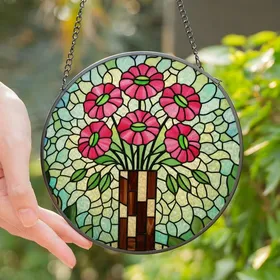 Art Lovers' Intricate Tiffany Stained Glass Floral Mosaic Dream Garden Vibrant Pink Green Blue Yellow Stained Glass Suncatcher
