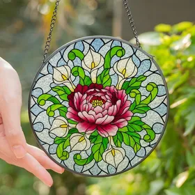 Art Lovers' Tiffany Style Stained Glass Peony Calla Lily Mosaic Crimson Blue Green Stained Glass Suncatcher