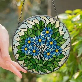 Art Lovers' Tiffany Style Stained Glass Cerulean Blue Daisy & Emerald Green Leaf Mosaic Stained Glass Suncatcher