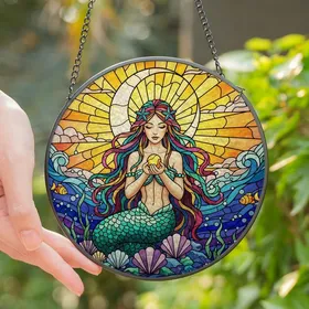 Fantasy Lovers' Tiffany Stained Glass Mermaid Glowing Ocean Celestial Mosaic Jewel Tones Stained Glass Suncatcher