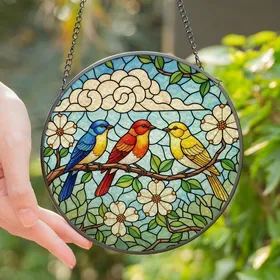 Nature Lovers' Tiffany Stained Glass Jewel-Toned Songbirds Dogwood Flower Mosaic Art Stained Glass Suncatcher