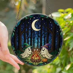 Whimsical Art Lovers' Intricate Stained Glass Ghost Campfire Forest Art Teal Emerald Orange Hues Stained Glass Suncatcher