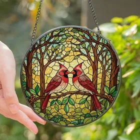 Stained Glass Art Lovers' Tiffany Style Cardinal Couple Embrace Vibrant Red Emerald Green Amber Mosaic Stained Glass Suncatcher