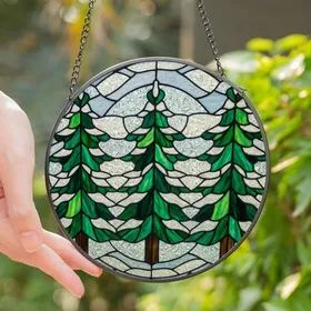 Nature & Art Enthusiasts' Tiffany Stained Glass Emerald Green Winter Forest Evergreen Mosaic Stained Glass Suncatcher