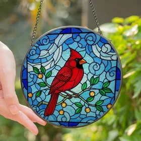 Nature Lovers' Intricate Stained Glass Cardinal Bird Tiffany Jewel Tone Mosaic Art Stained Glass Suncatcher