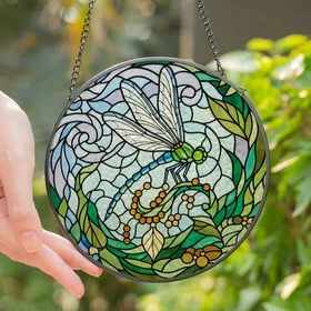 Nature Lovers' Tiffany Stained Glass Dragonfly Art Sky Blue Green Amber Jewel Tones Intricate Mosaic Stained Glass Suncatcher