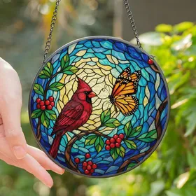 Stained Glass Art Lovers' Vibrant Tiffany Style Cardinal Monarch Jewel Tone Intricate Mosaic Stained Glass Suncatcher