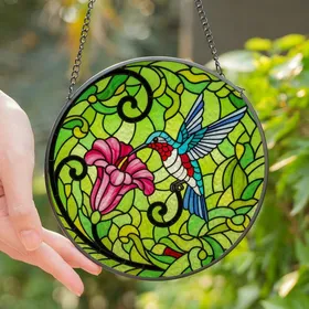 Nature Lovers' Tiffany Stained Glass Hummingbird Floral Mosaic Jewel Tones Stained Glass Suncatcher