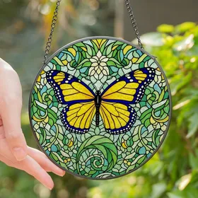 Nature Lovers' Tiffany Style Stained Glass Radiant Yellow Monarch Butterfly Floral Mosaic Stained Glass Suncatcher