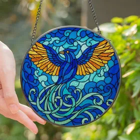 Nature & Art Enthusiasts Vibrant Tiffany Stained Glass Bird Royal Blue Sunny Yellow Turquoise Teal Intricate Mosaic Sky Stained Glass Suncatcher
