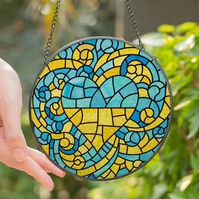 Vibrant Art Admirers' Stained Glass Heart Mosaic Intricate Blue Golden Yellow Stained Glass Suncatcher