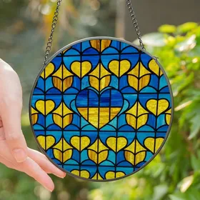 Art Nouveau Fans' Intricate Stained Glass Heart Mosaic Cerulean Blue Golden Yellow Stained Glass Suncatcher