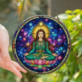 Women's Vibrant Stained Glass Goddess Lotus Cosmic Emerald Teal Gold Art Stained Glass Suncatcher