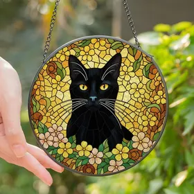 Cat Lovers' Intricate Tiffany Stained Glass Black Cat Yellow Eyes Floral Mosaic Golden Yellow Pink Emerald Green Stained Glass Suncatcher