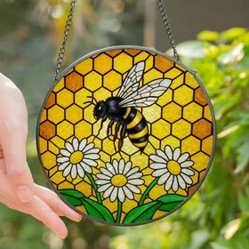 Nature Lovers' Vibrant Stained Glass Black Yellow Honeybee White Daisy Golden Honeycomb Mosaic Stained Glass Suncatcher