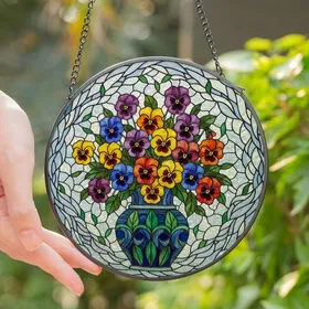Art Lovers' Intricate Tiffany Style Pansy Bouquet Stained Glass Mosaic Jewel Tones Stained Glass Suncatcher