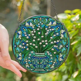 Art & Nature Lovers' Tiffany Stained Glass Lily of the Valley Floral Bouquet Vibrant Green Blue Jewel Tones Botanical Mosaic Stained Glass Suncatcher