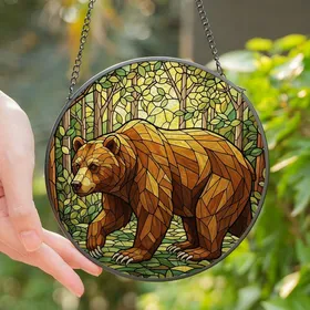 Nature Lovers' Tiffany Style Stained Glass Bear Dappled Forest Mosaic Golden Amber Green Stained Glass Suncatcher
