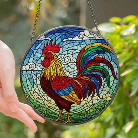 Stained Glass Art Enthusiasts' Vibrant Proud Rooster Tiffany Mosaic Jewel Tone Pattern Stained Glass Suncatcher
