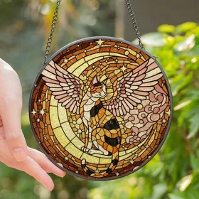 Stained Glass Art Lovers' Winged Calico Cat Crescent Moon Amber Rose Gold Black Tiffany Mosaic Stained Glass Suncatcher