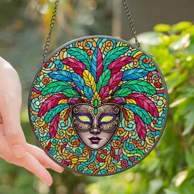 Art Lovers' Glowing Tiffany Stained Glass Venetian Masquerade Mask Gold Emerald Purple Feather Mosaic Stained Glass Suncatcher