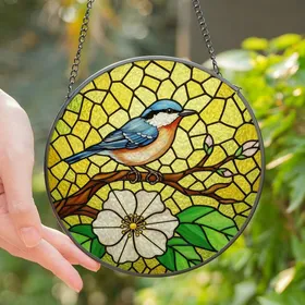 Nature Lovers' Glowing Stained Glass Blue Bird White Flower Golden Yellow Lime Green Mosaic Stained Glass Suncatcher