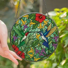 Nature Lovers' Emerald Ruby Sapphire Hummingbird Stained Glass Tropical Floral Mosaic Stained Glass Suncatcher