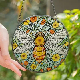 Art Lovers' Tiffany Stained Glass Bee, Pressed Flowers, Organic Mosaic, Jewel Tones, Bold Lead Lines Stained Glass Suncatcher