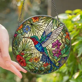 Nature Lovers' Vibrant Tiffany Stained Glass Hummingbird Tropical Foliage Jewel Tone Mosaic Edge-to-Edge Design Stained Glass Suncatcher