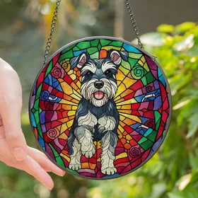 Schnauzer Lovers' Playful Dog Vibrant Jewel-Tone Tiffany Stained Glass Mosaic Art Stained Glass Suncatcher