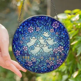 Whimsical Decor Enthusiasts' Intricate Stained Glass Glowing Ghosts Enchanted Forest Indigo Cerulean Stained Glass Suncatcher