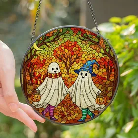 Festive Fall Fans' Whimsical Stained Glass Ghosts, Vibrant Jewel Tone Autumn Forest Art Stained Glass Suncatcher