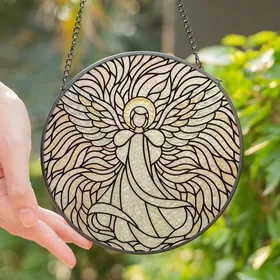 Spiritual Art Lovers' Tiffany Style Stained Glass Angel Iridescent Pink Gold Swirling Mosaic Art Stained Glass Suncatcher