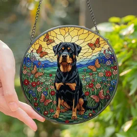 Rottweiler Lovers' Tiffany Stained Glass Black Tan Dog Vibrant Meadow Butterfly Art Stained Glass Suncatcher