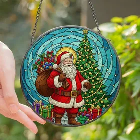 Christmas Lovers' Edge-to-Edge Tiffany Style Stained Glass Santa Claus with Jewel-Toned Gifts & Tree Mosaic Stained Glass Suncatcher