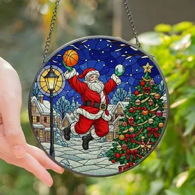 Festive Art Lovers' Vibrant Tiffany Stained Glass Santa Basketball Winter Village Mosaic Stained Glass Suncatcher