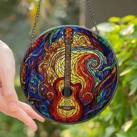 Music Lovers & Art Enthusiasts' Vibrant Stained Glass Acoustic Guitar Mosaic Artwork, Jewel Tone Abstract Patterns Stained Glass Suncatcher