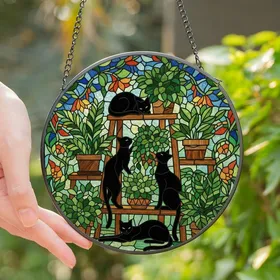 Nature & Cat Art Lovers' Intricate Stained Glass Botanical Black Cat Succulent Jewel Tone Mosaic Stained Glass Suncatcher