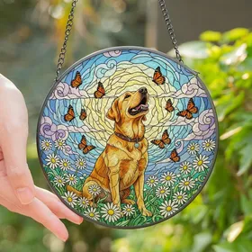 Golden Retriever Lovers' Tiffany Stained Glass Labrador Dog Monarch Butterfly Daisy Mosaic Stained Glass Suncatcher