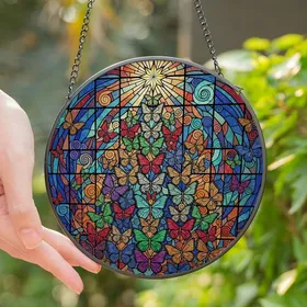 Christmas Art Lovers' Glowing Tiffany Stained Glass Butterfly Tree, Jewel Tone Swirling Geometric Mosaic Stained Glass Suncatcher