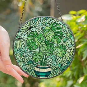 Nature Lovers' Emerald Teal Stained Glass Monstera Botanical Mosaic Art Stained Glass Suncatcher
