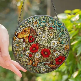 Dachshund Lovers' Stained Glass Floral Dachshund Jewel Tone Mosaic Art Stained Glass Suncatcher