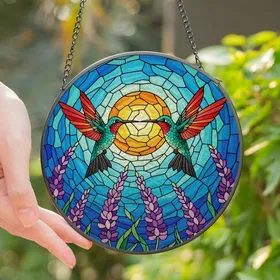 Nature Lovers' Radiant Jewel Tone Stained Glass Hummingbird Sun Lavender Floral Mosaic Stained Glass Suncatcher