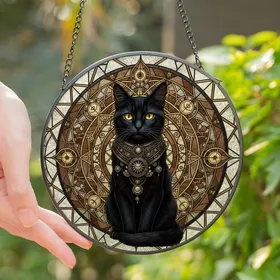 Cat Lovers' Majestic Black Cat Golden Stained Glass Tiffany Style Geometric Mosaic Stained Glass Suncatcher