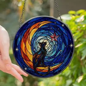 Mystical Cat Lovers' Tiffany Style Stained Glass Black Cat Moon Star Jewel Tone Celestial Mosaic Stained Glass Suncatcher