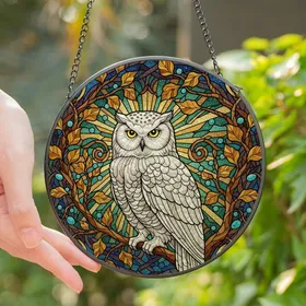 Nature & Art Lovers' Stained Glass Snowy Owl Art, Golden Autumn Leaves & Teal Geometric Mosaic Stained Glass Suncatcher