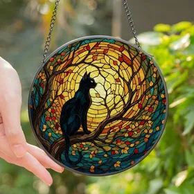 Cat Lovers' Detailed Black Cat Tiffany Stained Glass Golden Amber Teal Moonlit Branch Mosaic Stained Glass Suncatcher