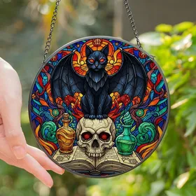 Gothic Art Admirers' Jewel Tone Stained Glass Black Cat Bat Wings Skull & Arcane Mosaic Stained Glass Suncatcher