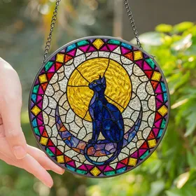 Celestial Feline Art Lovers' Tiffany Stained Glass Black Cat Golden Moon Jewel-Tone Mosaic Stained Glass Suncatcher